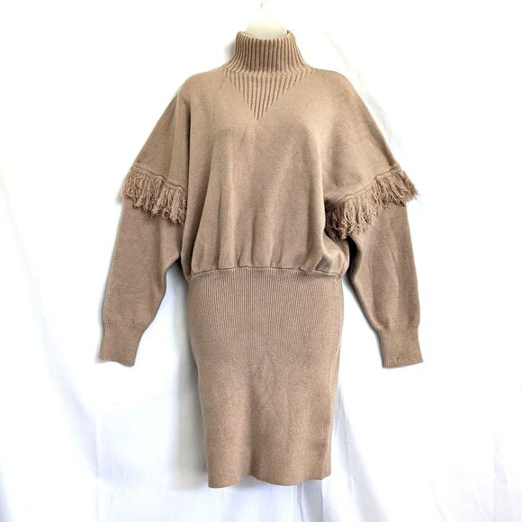 Fashion Nova Isla Taupe Fringed Mini Sweater Dress Size Small Heavy Knit - Picture 3 of 13